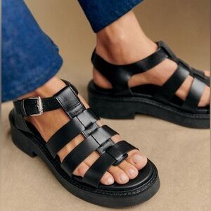 Souliers Sezane Allie Low Smooth Black Leather Sandals